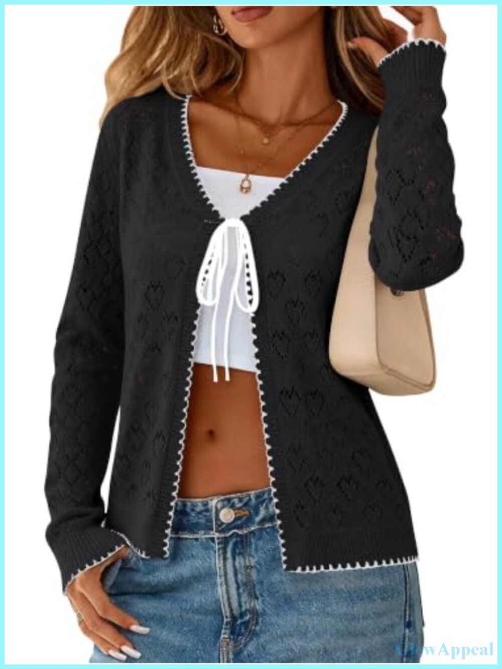Elegant Viscose Knit Cardigan Long Sleeve Tie Front Hollow Out